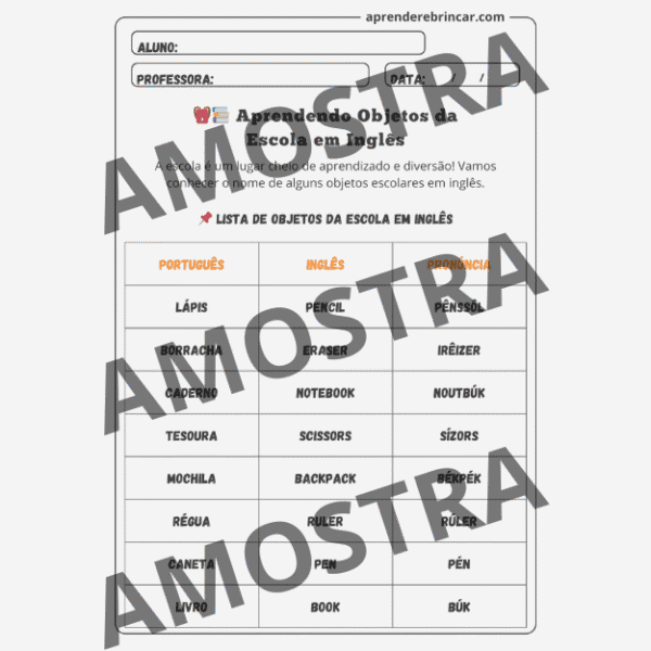 Objetos da Escola em Inglês