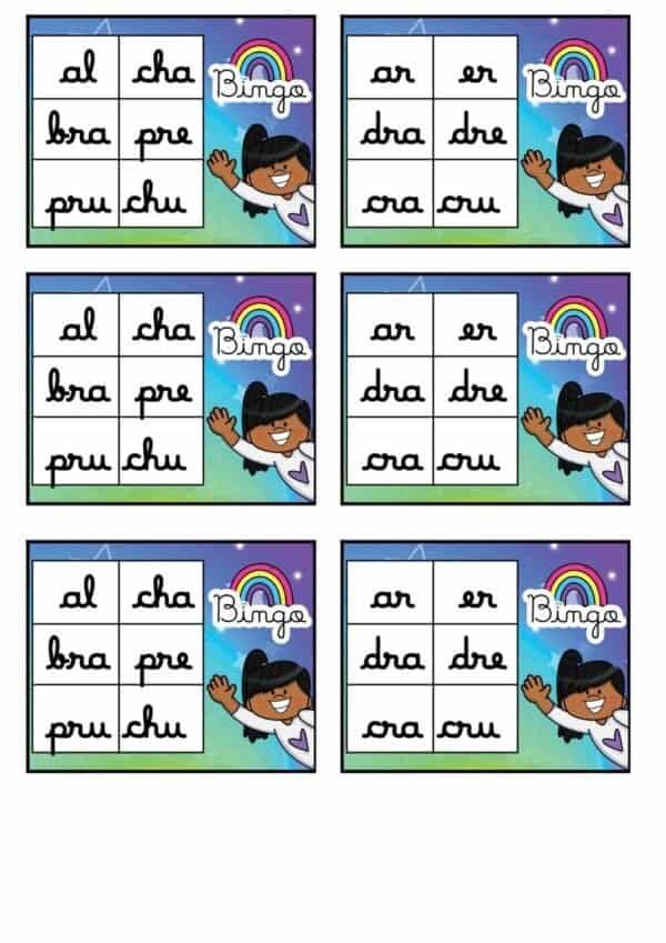 BINGO SÍLABAS COMPLEXAS LETRA CURSIVA