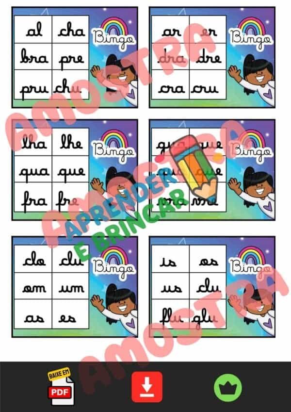 BINGO SÍLABAS COMPLEXAS LETRA CURSIVA