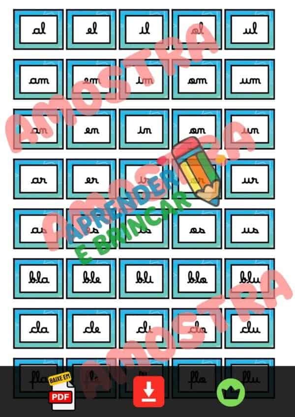 BINGO SÍLABAS COMPLEXAS LETRA CURSIVA