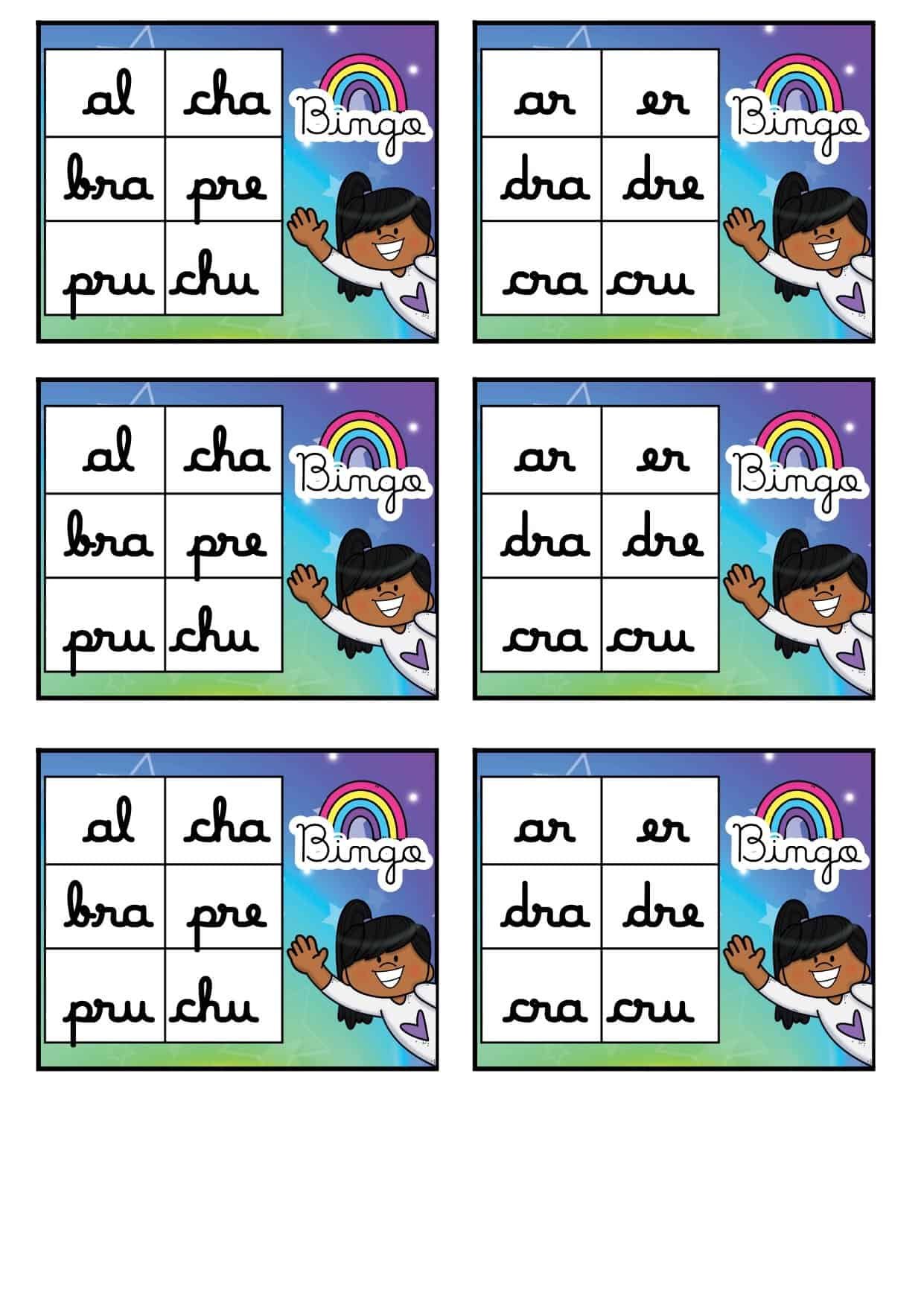 BINGO SÍLABAS COMPLEXAS CURSIVA
